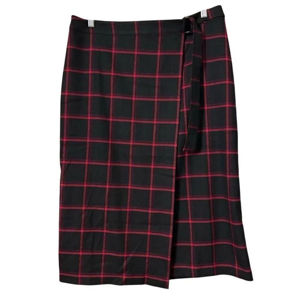 Banana Republic Skirt Midi Red Black Plaid Faux Wrap Office Academia NEW